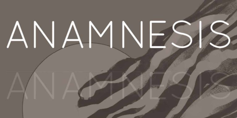 The cover of the game Anamnesis, the word "Anamnesis" in all caps repeated twice, the lower on slightly faded. There is also a smoky, hazy figure in the background.