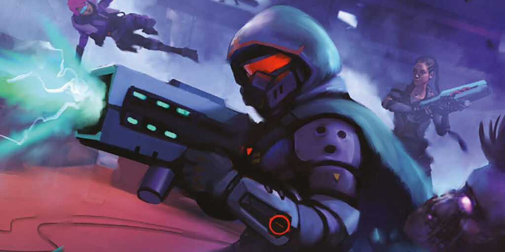 A sci-fi soldier firing their gun on the cover of Five Parsecs from Home