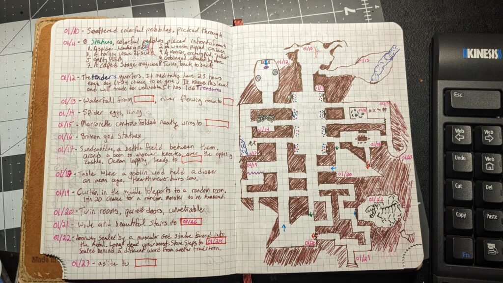 An open double page spread in a gridded journal. The right page features a map of a temple, the left page features keyed rooms.