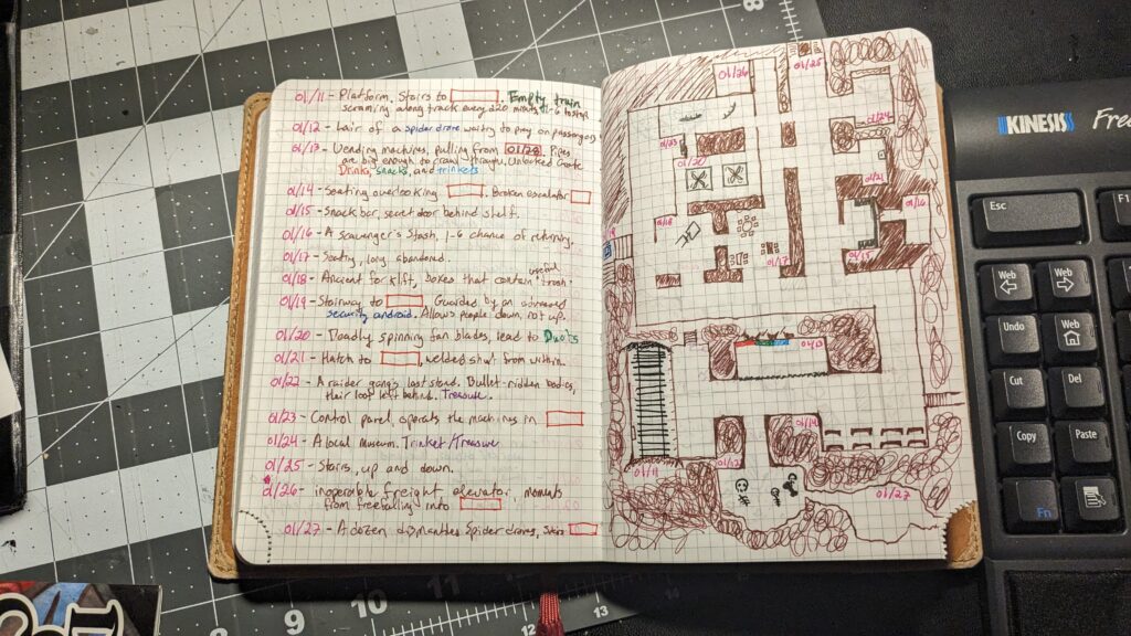 An open double page spread in a gridded journal. The right page features a map of a subway station, the left page features keyed rooms.