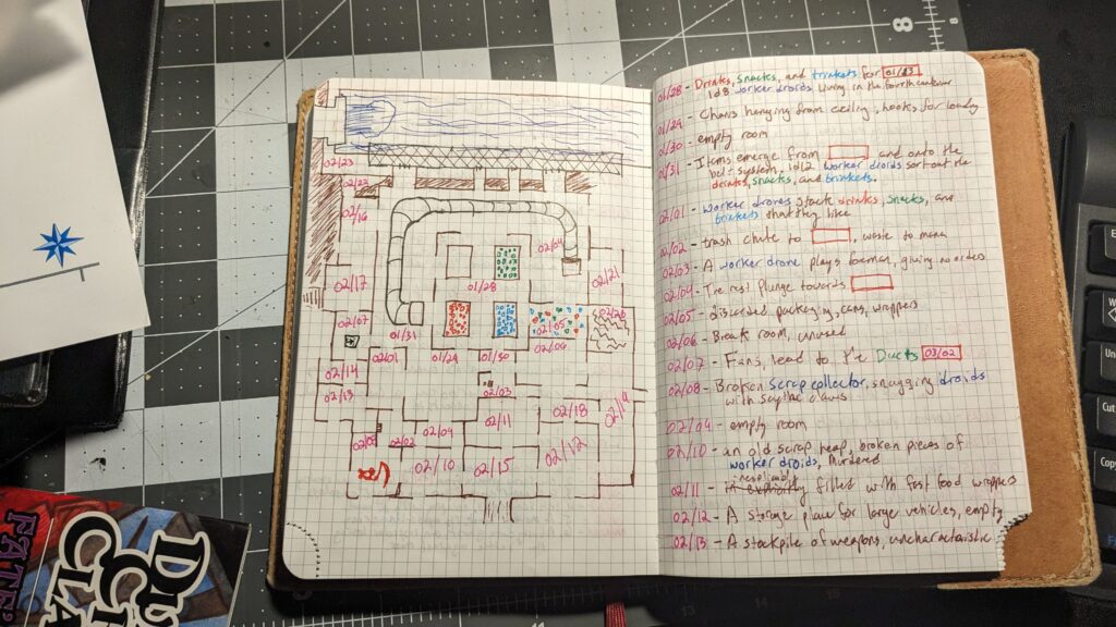 An open double page spread in a gridded journal. The left page features a map of a factory floor, the right page features keyed rooms.