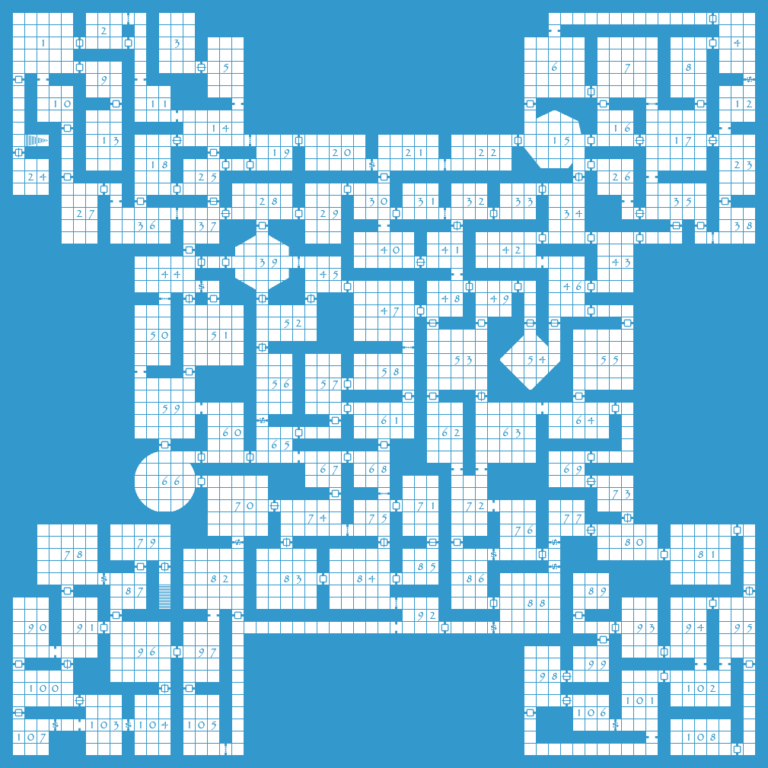 a large dungeon map on blue grid paper arranged as a central square with additional squares on each corner.