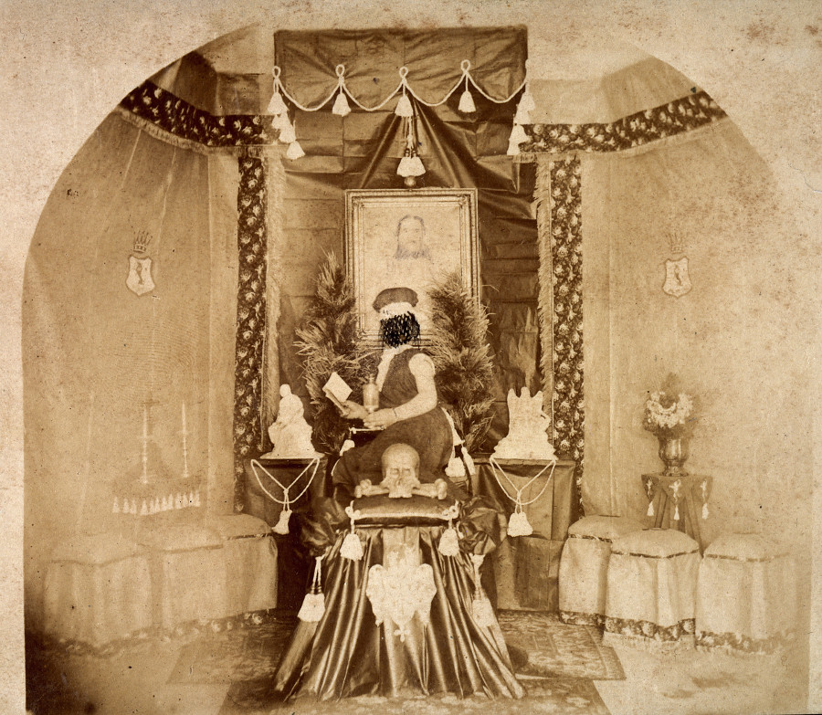 A shrine of sourts in a sepia photograph