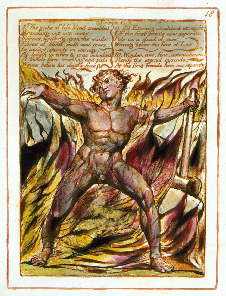 Los from William Blake's myth emerging from flames.