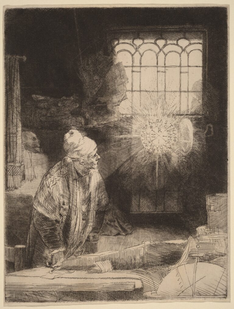 An etching of a man looking at a mystical sigil appearing in midair