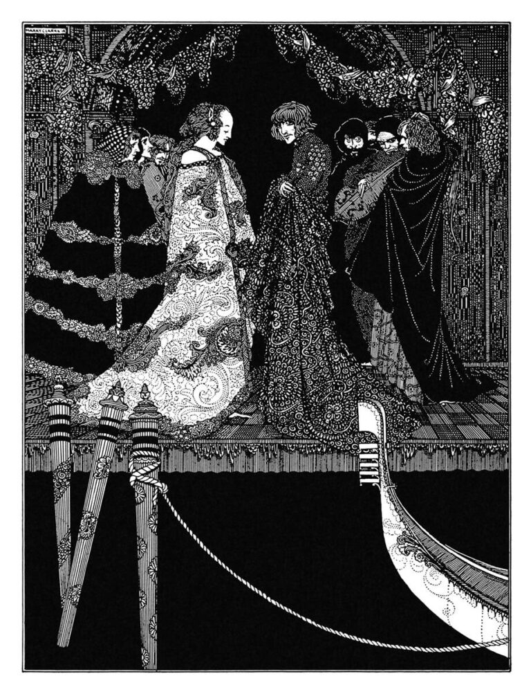 A black and white illustration titled marchesa aphrodite, with shrouded figures on a dock.