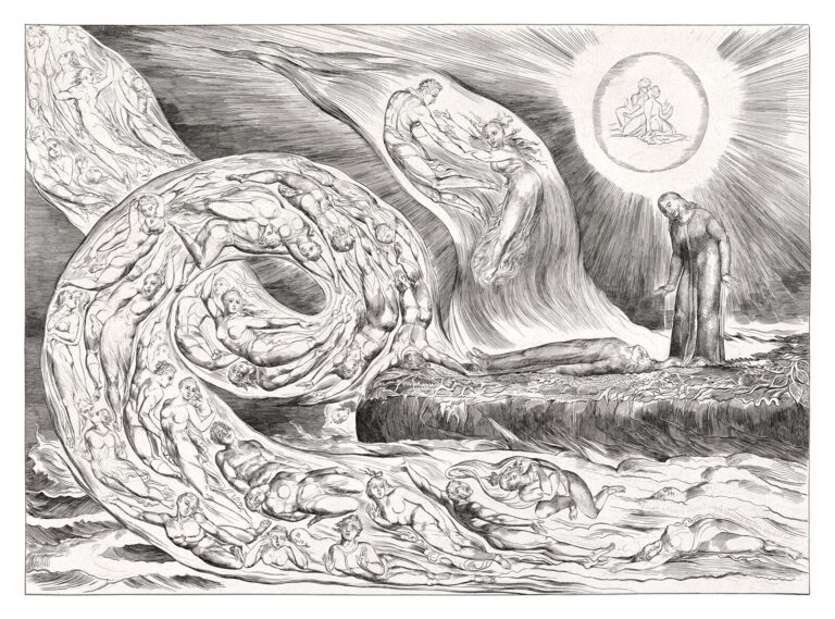 A christlike figure standing on a a bank while waves of humanoid figures coil into the sky.