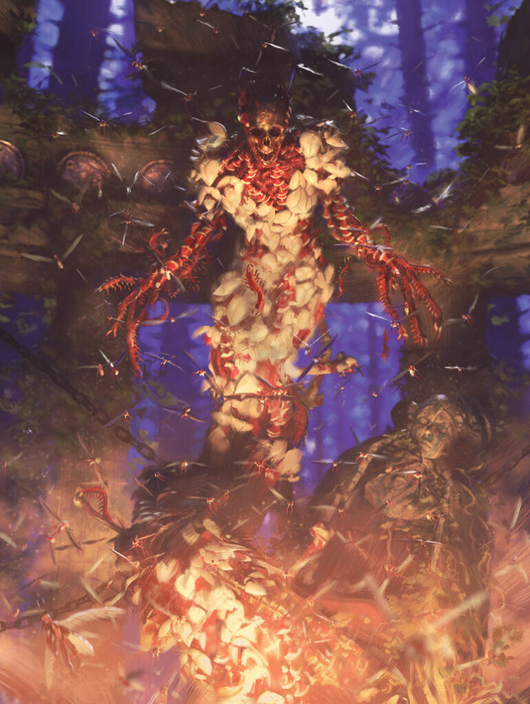 an illustration of a skeletal figure composed of fungi and insects